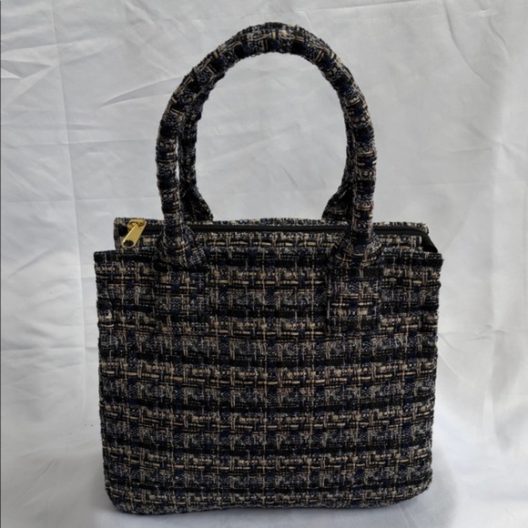 J.Crew Blue, Black & Tan Tweed Top Handle Tote Bag - Picture 2 of 6